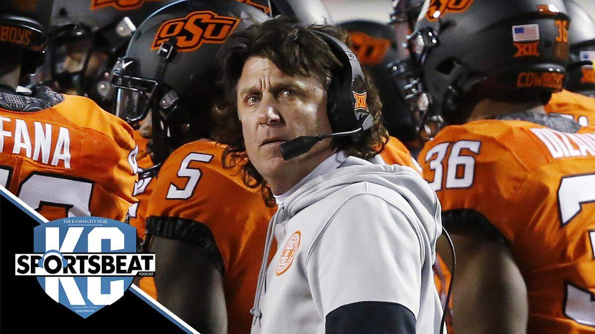 Oklahoma State head coach Mike Gundy looks up at the scoreboard during a timeout in an NCAA college football game against Oklahoma in Stillwater, Okla., Saturday, Nov. 30, 2019. (AP Photo/Sue Ogrocki)