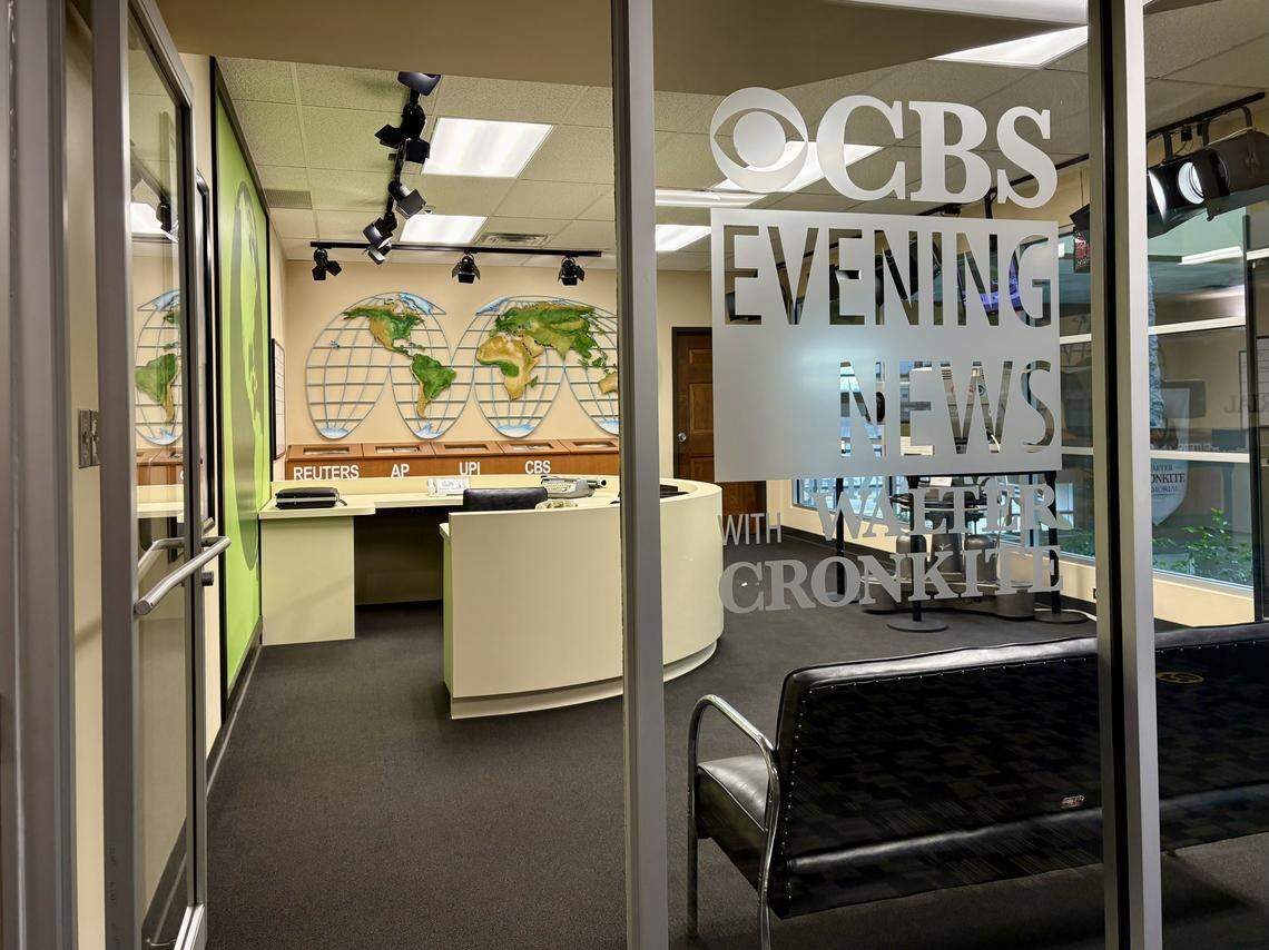 A recreation of Walter Cronkite’s famous CBS anchor desk at his memorial in St. Joseph.