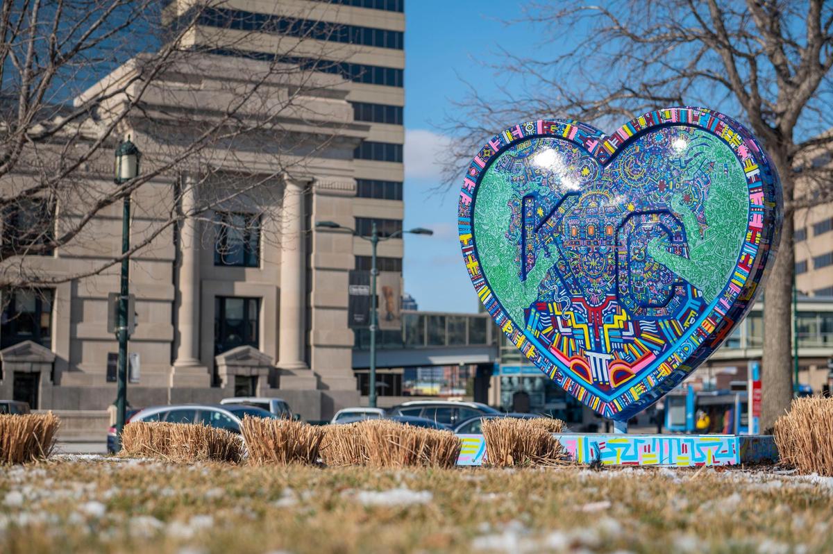 A heart called “Culture and Time are Non-linear” created by artist Chico Sierra is on display at Union Station on Monday, March 7, 2022. The heart artworks, 154 of them, were made by 123 local artists and will be installed throughout the metro in the coming days.