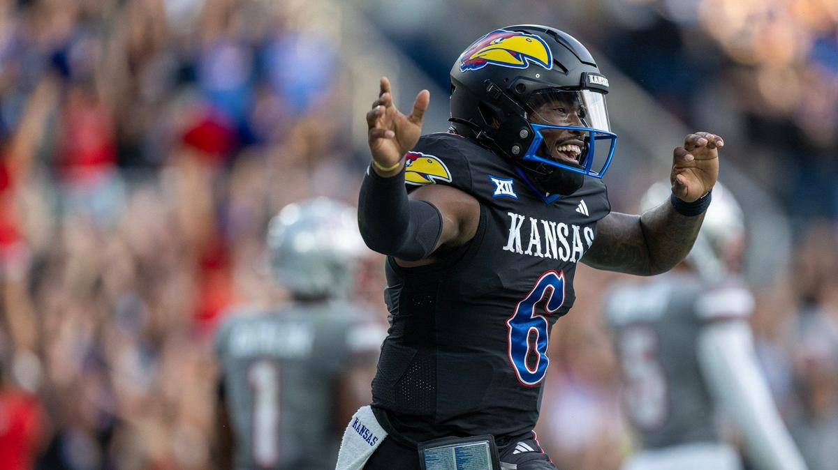 Kansas Jayhawks quarterback Jalon Daniels (6) celebrates his second touchdown against the UNLV Rebels in the first half on Friday, Sept. 13, 2024, at Children’s Mercy Park in Kansas City, Kansas.