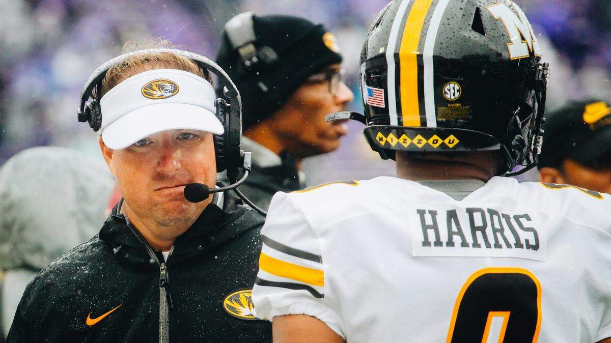 Missouri head coach Eli Drinkwitz looks down the sideline during the Tigers’ 40-12 loss to Kansas State at Bill Snyder Family Stadium in Manhattan, Kansas, on Sept. 10, 2022.