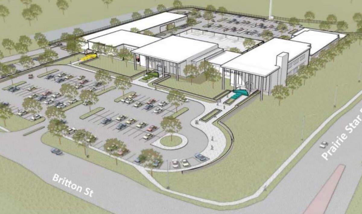 The new $73 million Lenexa Justice Center planned at the southwest corner of Prairie Star Parkway and Britton Street is depicted in a rendering. The new complex will house the Lenexa Police Department and Lenexa Municipal Court, as well as a training facility for the police.