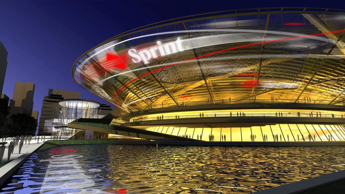 This spaceship-like design by the Downtown Area Design Team was one of the concepts in contention for the final design of the Sprint Center, now the T-Mobile Center.