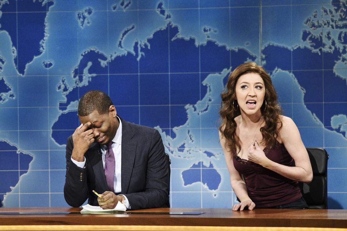 Heidi Gardner as Angel on “Weekend Update” with Michael Che.