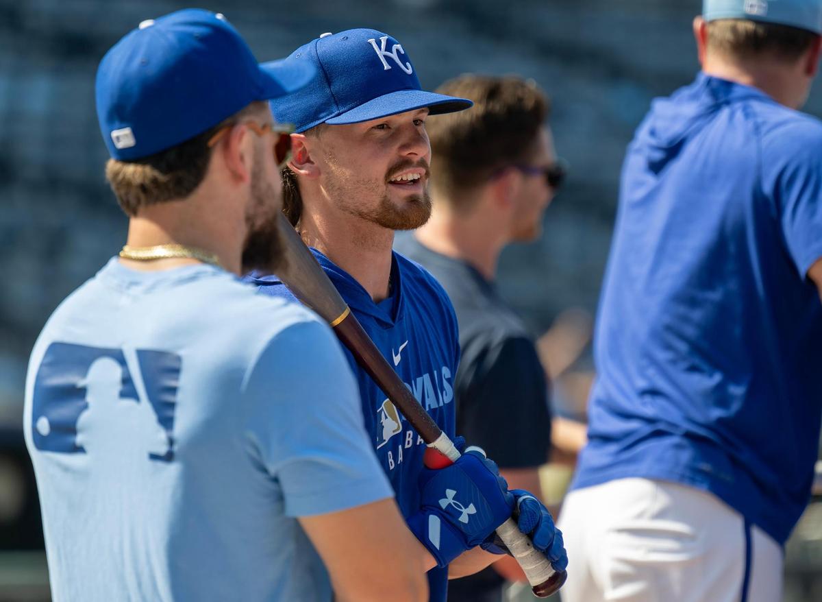 Royals shortstop Bobby Witt Jr. chats before a game against the New York Yankees on Tuesday, June 10, 2025, at Kauffman Stadium in Kansas City.