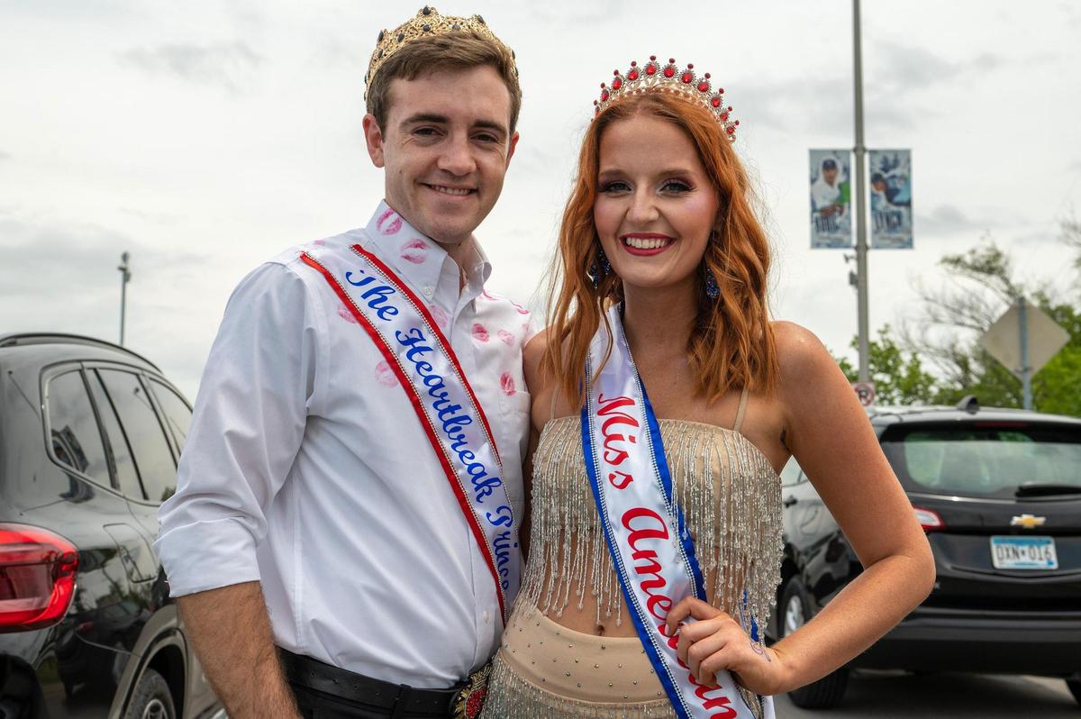 Trevor Gorges, left, and Olivia Pikul are seen dressed as “Miss Americana and the Heart Break Prince” at Taylor Swift’s Eras Tour stop at GEHA Field at Arrowhead Stadium on Friday, July 7, 2023, in Kansas City.