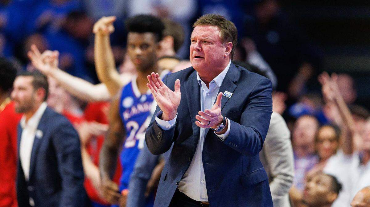 Kansas Jayhawks head coach Bill Self celebrates during the second half against the Kentucky Wildcats at Rupp Arena at Central Bank Center on Jan. 28, 2023.