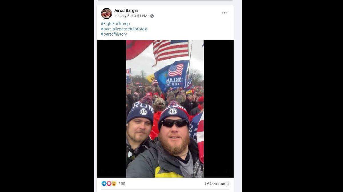 This photo shows Jerod Thomas Bargar, of Centralia, Missouri, at the U.S. Capitol on Jan. 6, 2021.