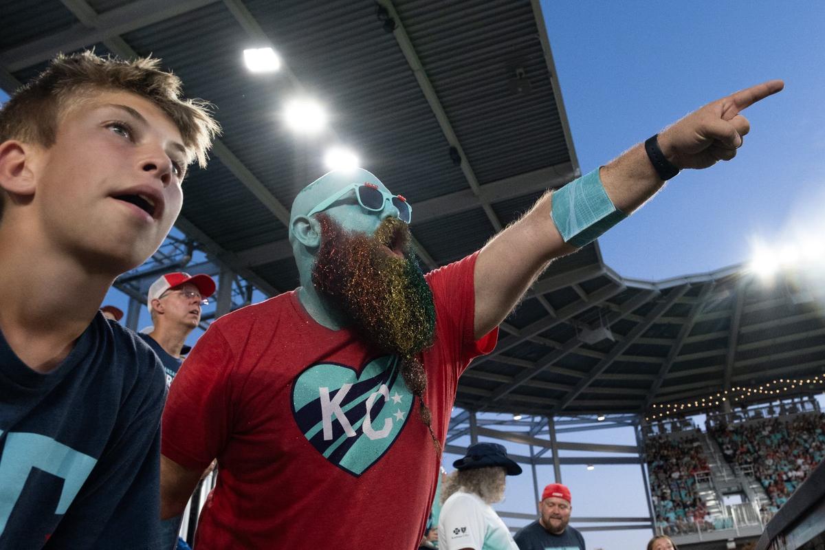 Richard Harper aka “the Teal Man” points downfield as the referee makes a call with which he disagrees during a KC Current match against the Chicago Red Stars on Friday, June 14, 2024, at CPKC Stadium in Kansas City.