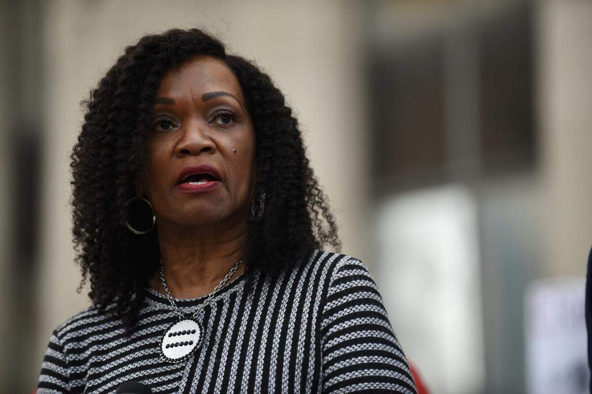 Gwen Grant, president and CEO of the Kansas City Urban League, speaks outside the Jackson County Courthouse on Monday, Nov. 8, 2021, during the trial of former Kansas City police officer Eric DeValkenaere, who was sentenced to six years after convictions for involuntary manslaughter and armed criminal actions in the 2019 death of Cameron Lamb.