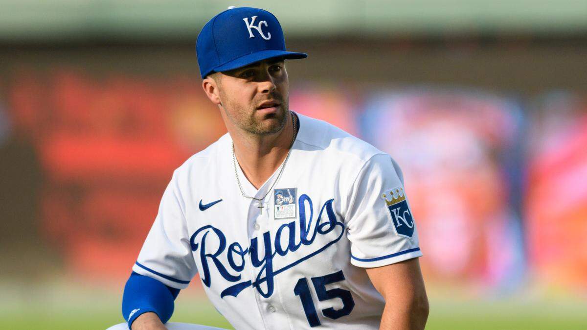 Kansas City Royals’ Whit Merrifield stretches before their baseball game against the Minnesota Twins Thursday, June 3, 2021, in Kansas City, Mo. (AP Photo/Reed Hoffmann)
