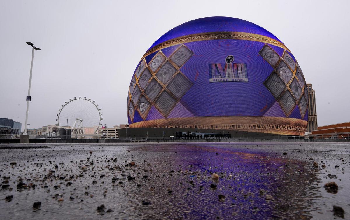 Super Bowl LVIII logos adorn Sphere on Monday, Feb. 5, 2024, in Las Vegas.