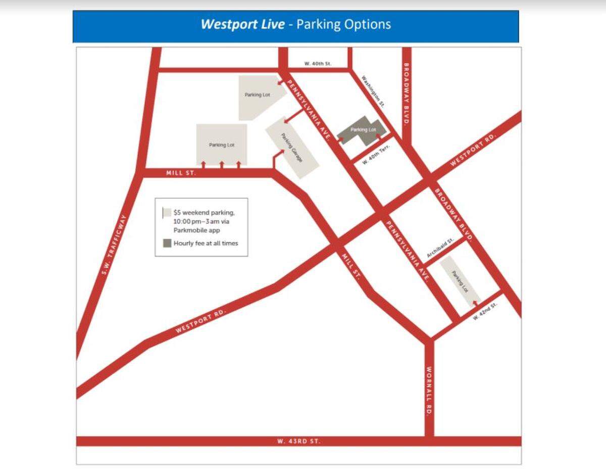 The 2021 parking map for Westport’s entertainment district.