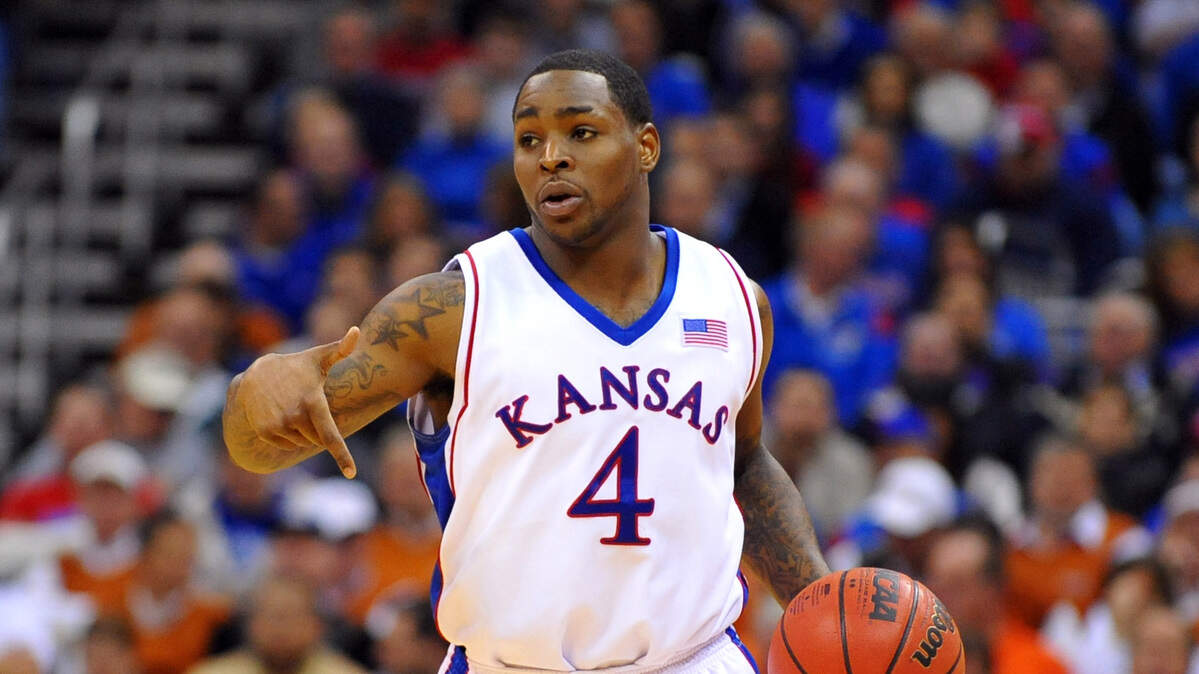 Kansas guard Sherron Collins (4) against the Texas Tech Red Raiders at the Big 12 Tournament on March 10, 2010.