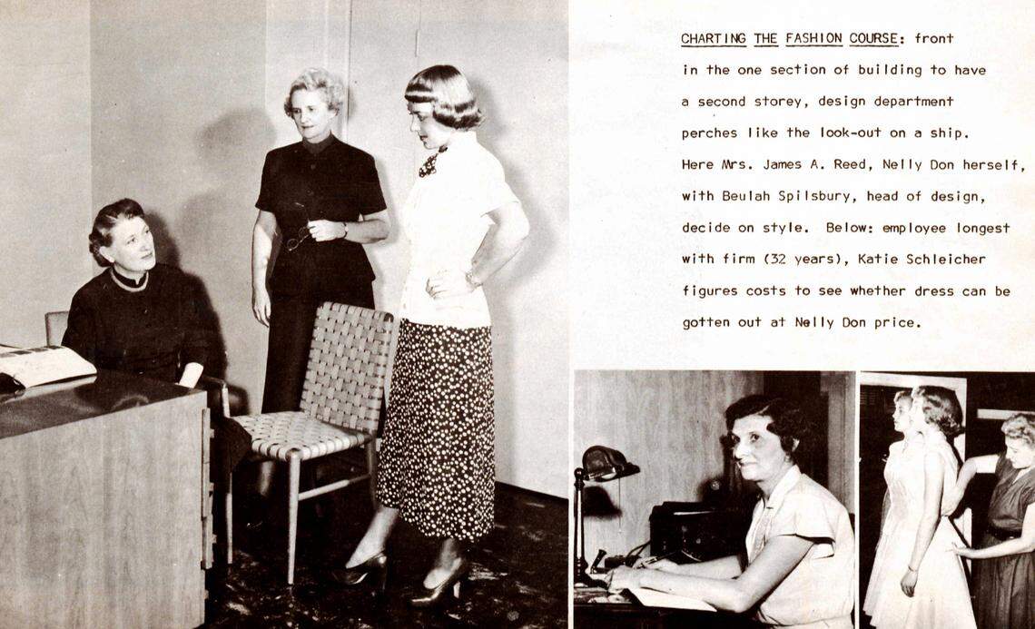 Nell Donnelly Reed required her employees to wear nothing but clothing “made in the USA,” or they would be immediately terminated. Here, Reed inspects designs with Donnelly Garment Company employees in 1948.