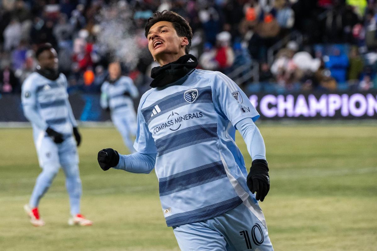 Sporting KC forward Daniel Salloi exhales after a missed shot on goal in the second half of the Concacaf Champions Cup match of Sporting KC vs. Inter Miami CF on Wednesday, Feb. 19, 2025, at Sporting Park. Sporting KC lost to Miami 0-1.