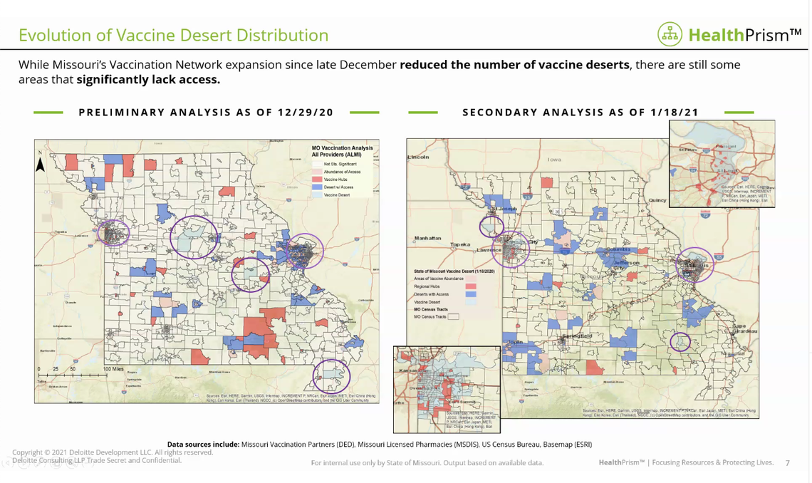 A screenshot of a presentation to Missouri’s Advisory Committee on Equitable COVID Vaccine Distribution on Thursday, Feb. 4, 2021, that details vaccine deserts in Missouri.