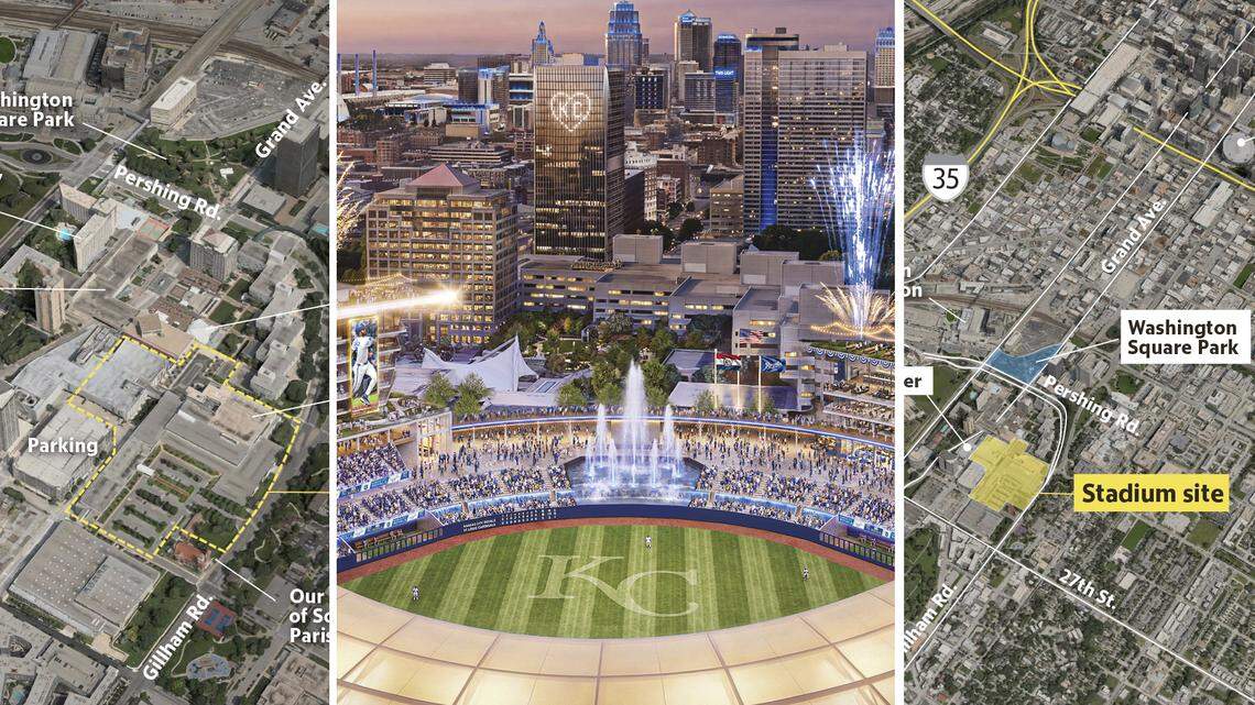 Photo illustration of Royals’ downtown stadium and satellite images.