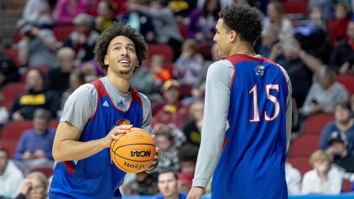 Kansas forward Jalen Wilson shoots during a team practice a day before Kansas’ first-round NCAA Tournament game against Howard on Wednesday, March 15, 2023, in Des Moines, Iowa.