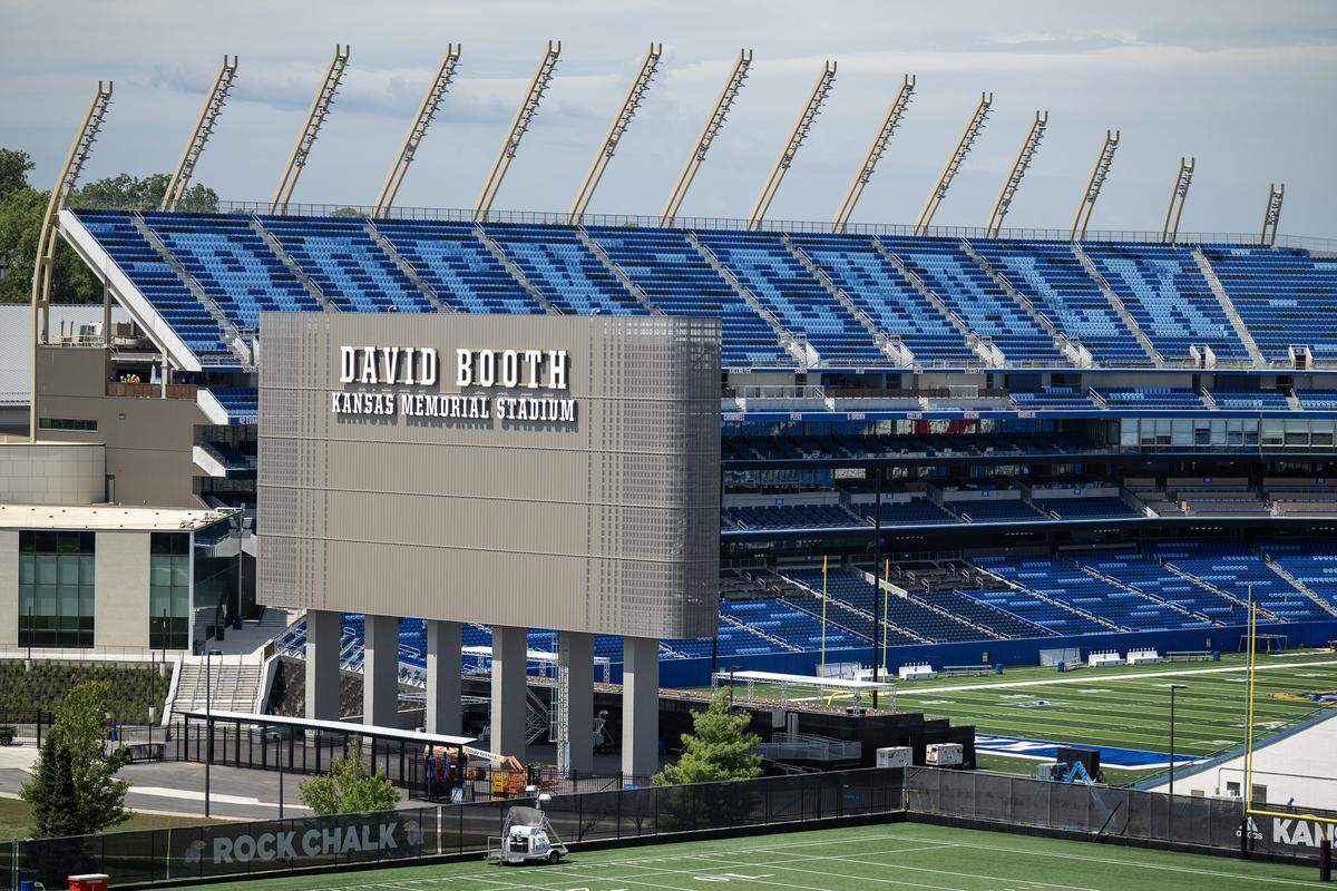 On the west side of the renovated David Booth Kansas Memorial Stadium, the seats spell out "Rock Chalk,"  on Monday, Aug. 18, 2025, at the University of Kansas in Lawrence, Kansas.