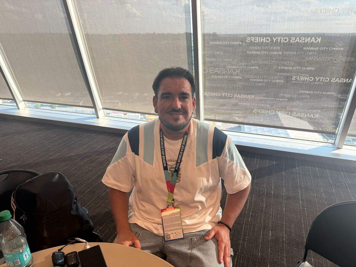 Sebastian Varela del Rio, a journalist who works with the Argentina National team’s official streaming channel, at Kansas City (Arrowhead) Stadium Saturday, July 11, 2026.