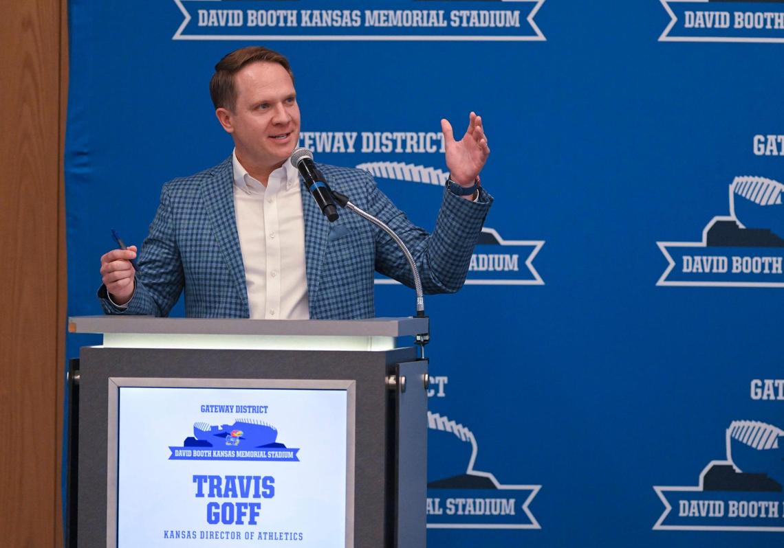Travis Goff, KU athletic director, addressed the crowd as the University of Kansas and Kansas Athletics revealed plans Wednesday, Aug. 15, 2023, for renovations to David Booth Kansas Memorial Stadium and a campus Gateway Project in Lawrence.