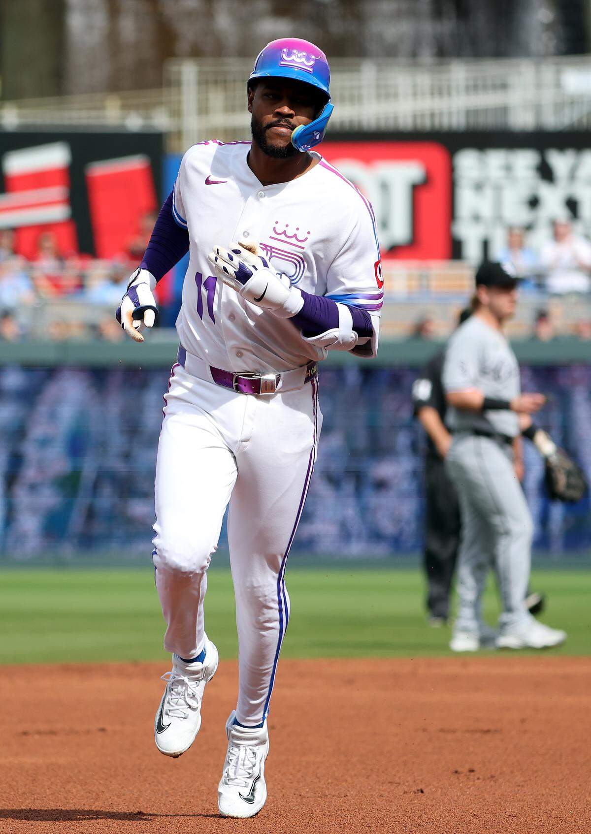 Royals third baseman Maikel Garcia rounds the bases after hitting a leadoff home run as the first batter of an MLB game against the Chicago White Sox at Kauffman Stadium in Kansas City on Saturday, April 11, 2026.