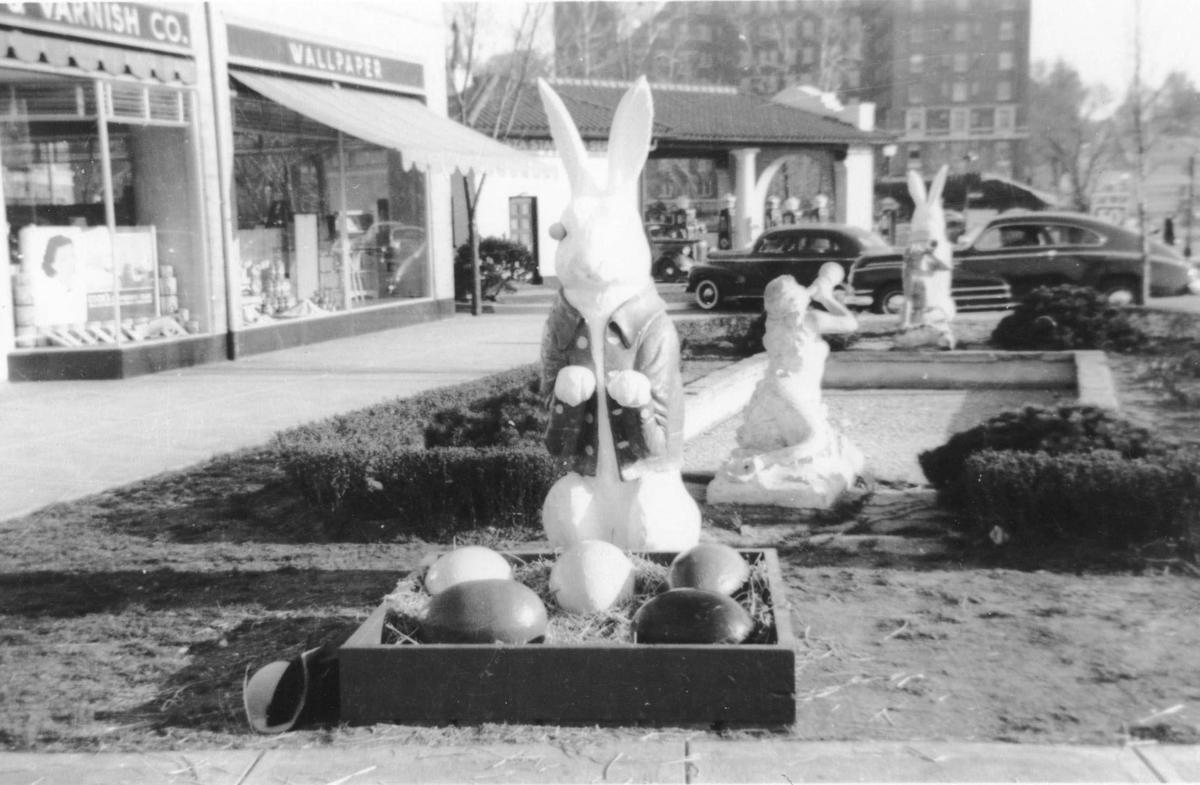 An Easter bunny surrounded by eggs in one of the bunnies’ first years on Country Club Plaza.