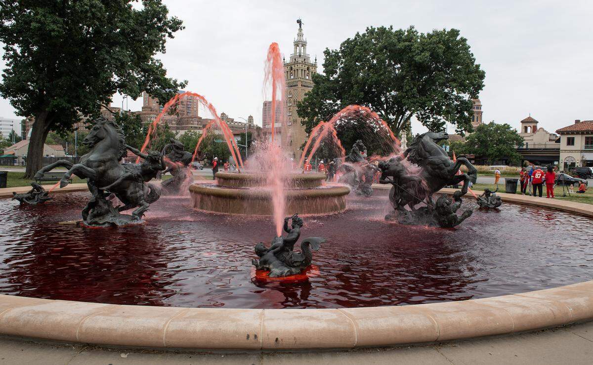 The fountain at Mill Creek Park was one of several fountains around Kansas City that were dyed red on Friday, Sept. 5, 2024, to help celebrate the Kansas City Chiefs' season opening game with the Los Angeles Chargers. The teams are playing each other on Friday night in Brazil.