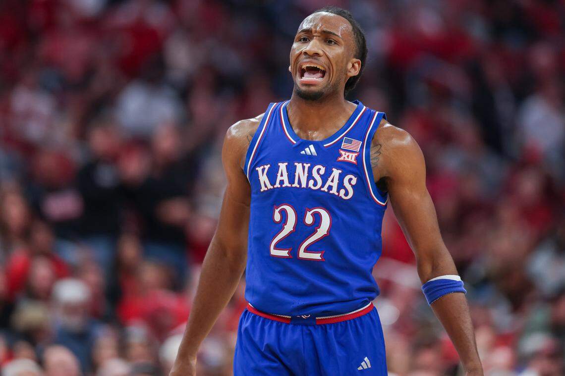 LOUISVILLE, KENTUCKY - OCTOBER 24: Darryn Peterson #22 of the Kansas Jayhawks reacts during the second half of the NCAA exhibition game between the Louisville Cardinals and Kansas Jayhawks at KFC YUM! Center on October 24, 2025 in Louisville, Kentucky. (Photo by Michael Hickey/Getty Images)