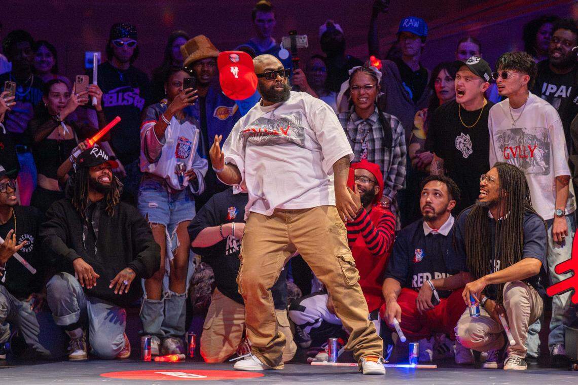 Local Kansas City dancer “KonWork” flips his hat during a dance move in the first round of the Red Bull Dance Your Style Midwest Regional Qualifier, on Saturday, April 25, 2026, at the Kauffman Center for the Performing Arts.