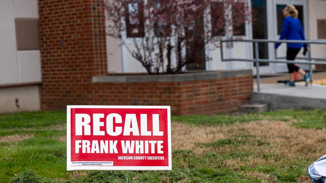 A Recall Frank White sign outside the polling place at Raytown Central Middle School last April.