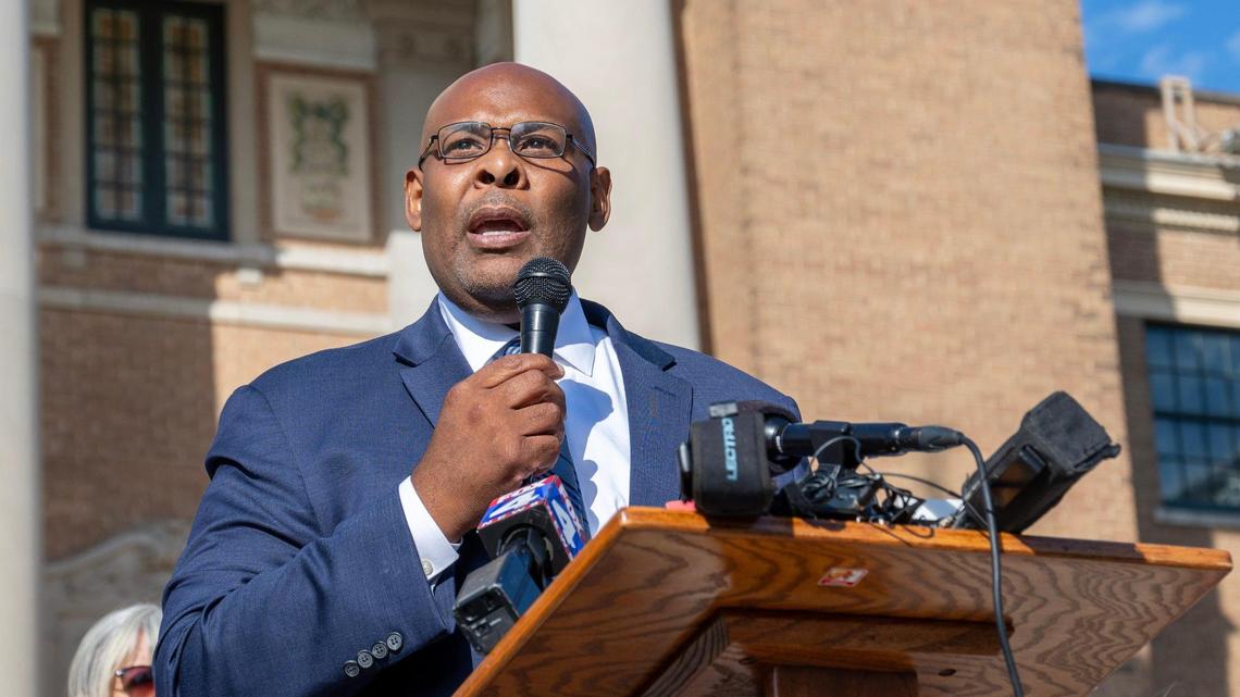 Tyrone Garner, CEO and mayor of the Unified Government of Wyandotte County/Kansas City, Kansas, speaks during a news conference Wednesday, Oct. 11, 2023, outside Memorial Hall in Kansas City, Kansas. Officials announced the creation of a task force to review and consider changes to local government.