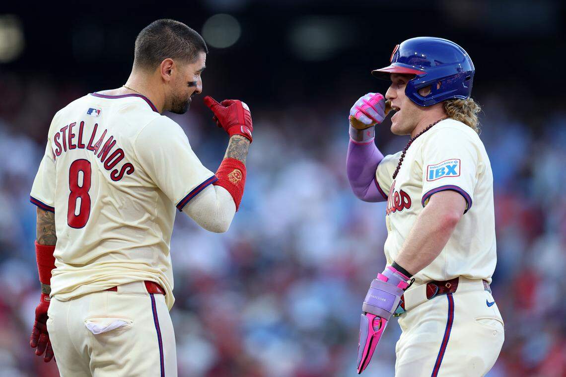 Harrison Bader, right, played with two teams, including the Philadelphia Phillies, in 2025.