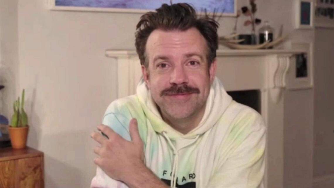 Jason Sudeikis kept it cozy and casual in his virtual appearance at the 2021 Golden Globes. He said the hoodie is merchandise from his sister Kristin’s New York dance studio.