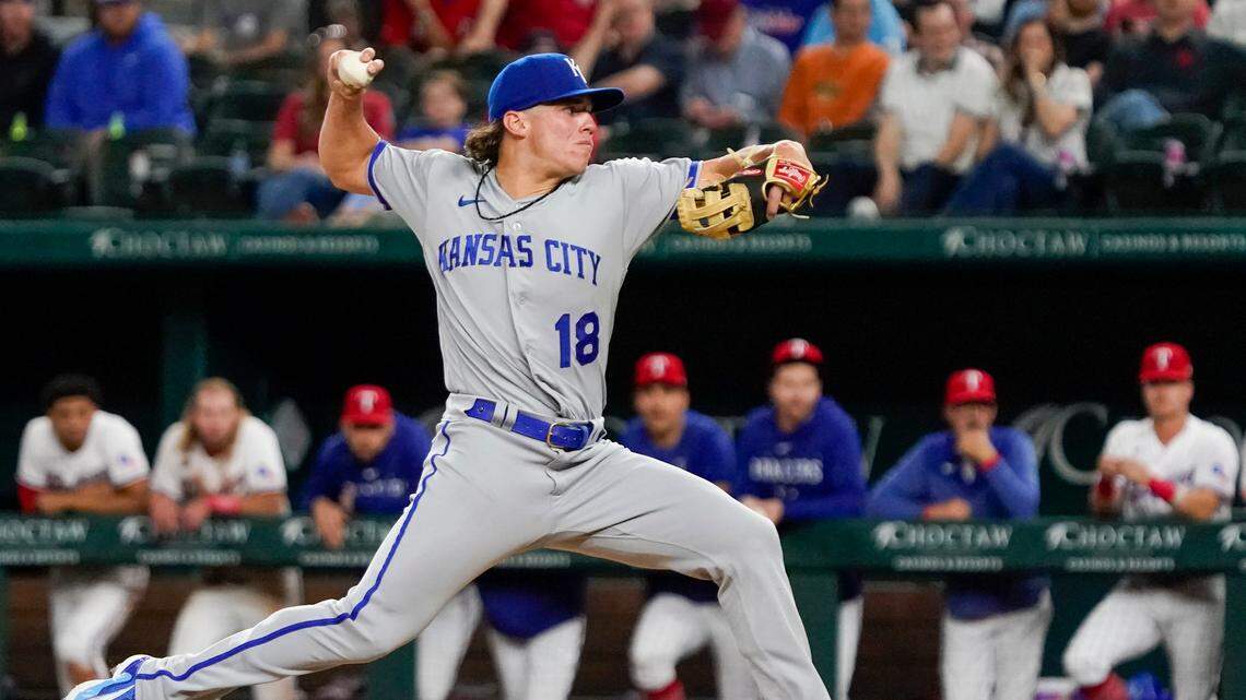 Kansas City Royals second baseman Nate Eaton (18) pitches in the eighth inning against the Texas Rangers at Globe Life Field in Arlington, Texas, on April 10, 2023.