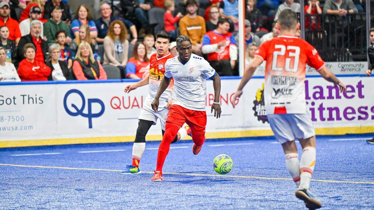Comets defender James Togbah dribbles against the Monterrey Flash during a recent game at Cable Dahmer Arena in Independence, Mo.