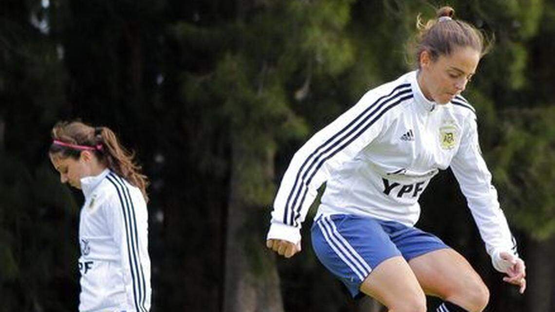 Argentine women’s soccer player Mariana Larroquette jumps over obstacles during a training session ahead of the 2019 FIFA Women’s World Cup in France.