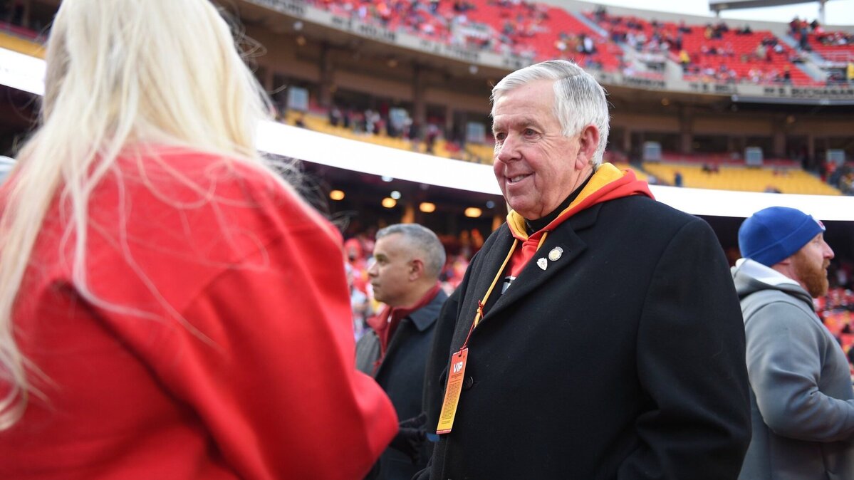 Missouri Gov. Mike Parson was on the sideline before the AFC Championship Game Sunday, Jan. 29, 2023, at GEHA Field at Arrowhead Stadium.