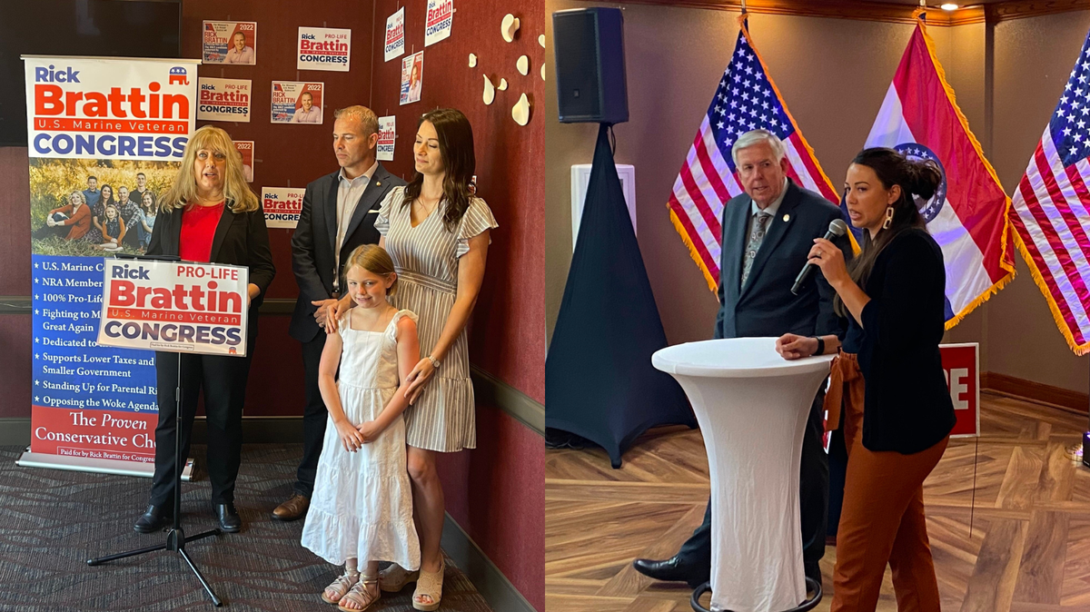 In left photo, Susan Klein, executive director of Missouri Right to Life announces her organization’s endorsement of state Sen. Rick Brattin at a Columbia hotel Thursday. In right photo, Missouri Gov. Mike Parson appeared at a campaign fundraiser last week in Sedalia in support of Stockton cattle farmer Kalena Bruce.