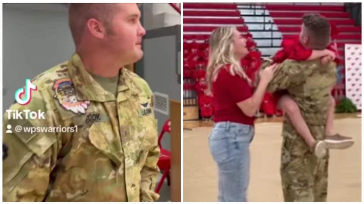 Chief Warrant Officer Kelby Cook returned home after a yearlong deployment to surprise his family at his son’s kindergarten graduation.
