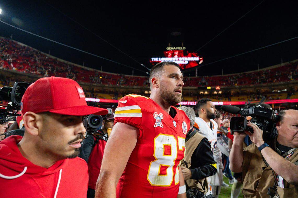 Kansas City Chiefs tight end Travis Kelce (87) after the Chiefs game vs. the Denver Broncos on Thursday, December 25, 2025, at GEHA Field at Arrowhead Stadium.