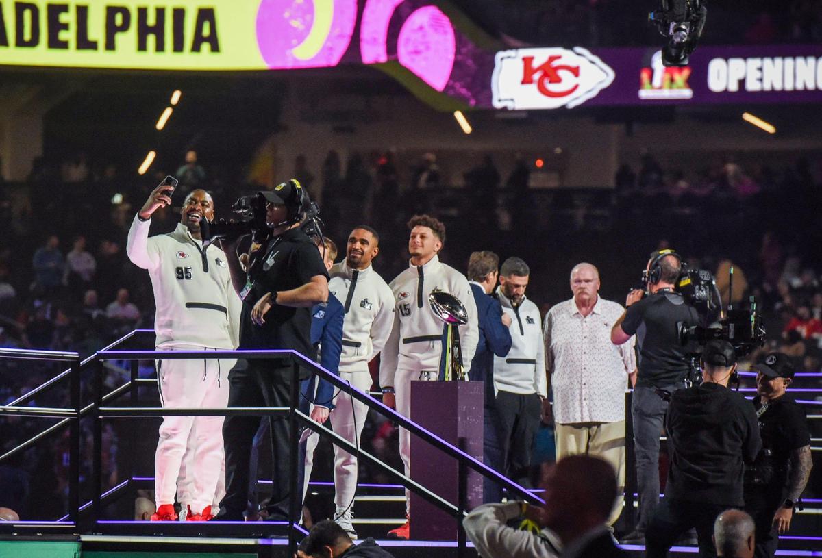 Members of the Kansas City Chiefs appear on stage Monday, Feb. 3, 2025, at the Super Bowl LIX Opening Night event in New Orleans.
