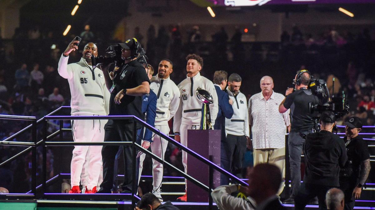 Members of the Kansas City Chiefs appear on stage Monday, Feb. 3, 2025, at the Super Bowl LIX Opening Night event in New Orleans.
