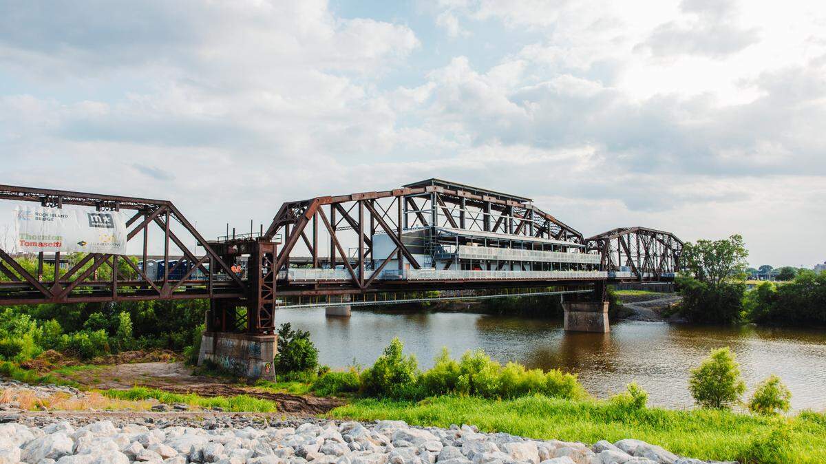 The Rock Island Bridge is shown in June 2024 as the Kansas City, Kansas, redevelopment project remains underway. Built in 1905, the decommissioned railroad bridge is being repurposed for event space, dining and bars.