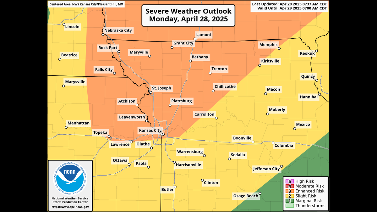 Severe weather is possible in the Kansas City area, with very large hail, damaging winds, and a few tornadoes being the main threats, according to the National Weather Service. The threat is conditional on all the ingredients coming together.