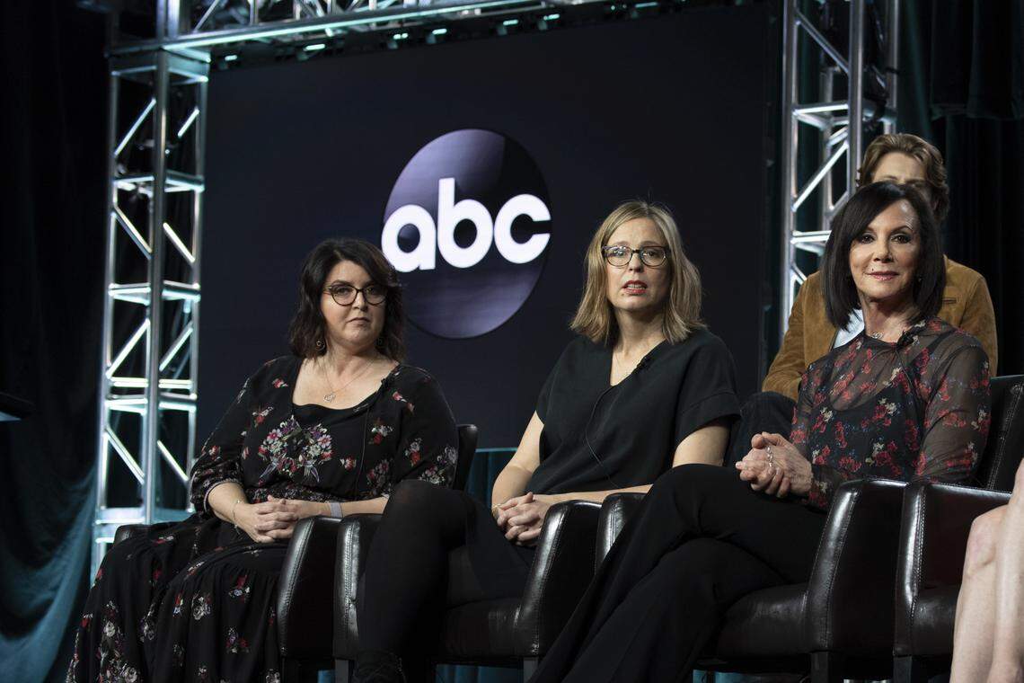 From left: “The Fix” executive producers Sarah Fain, Liz Craft, and Marcia Clark at the 2019 Television Critics Association winter press tour. Clark was the prosecutor on the O.J. Simpson case. Fain and Craft are from Kansas City.