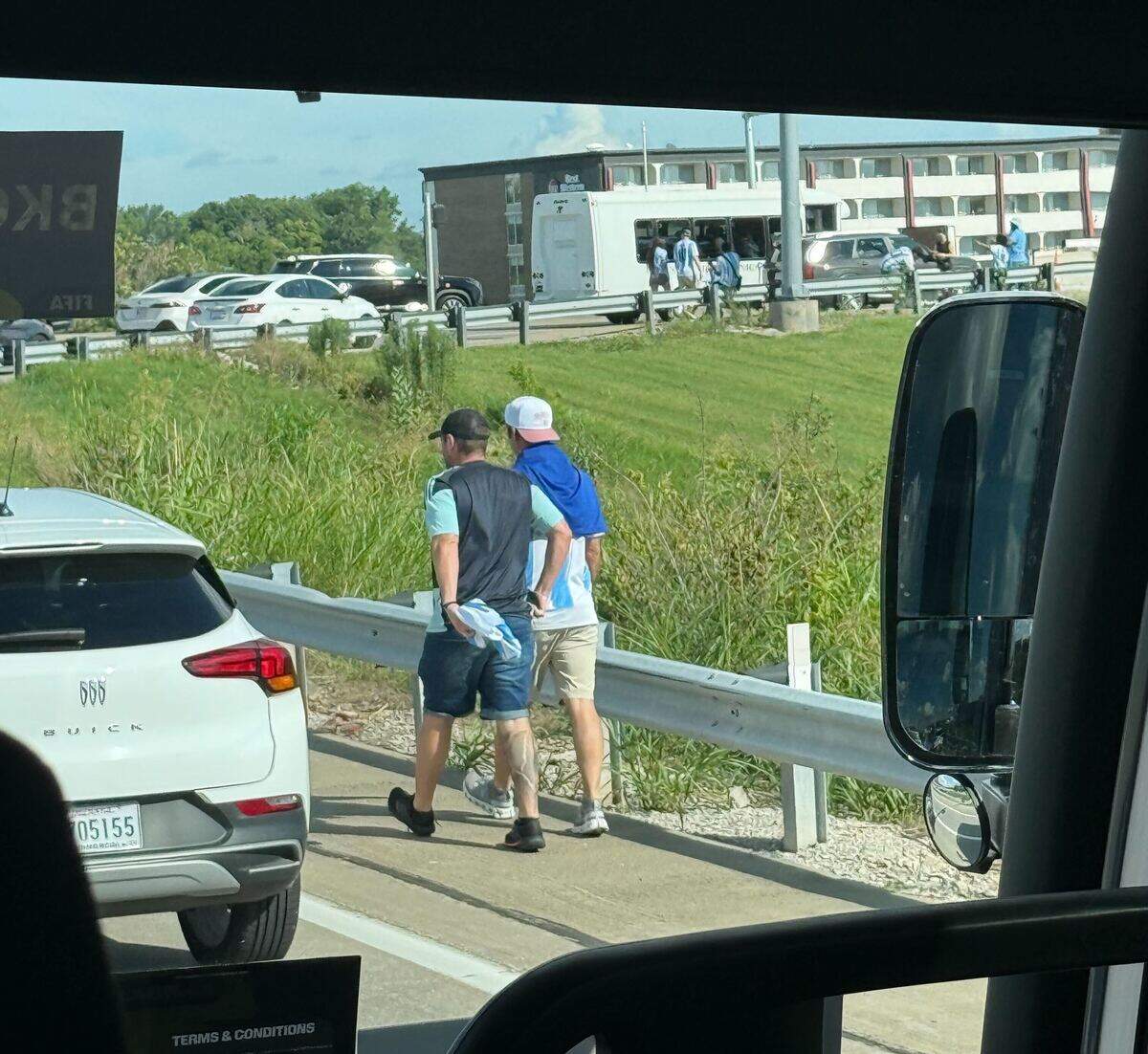 With over two hours left until kickoff, some fans are exiting their rides early and walking on I-70 towards Kansas City (Arrowhead) Stadium.