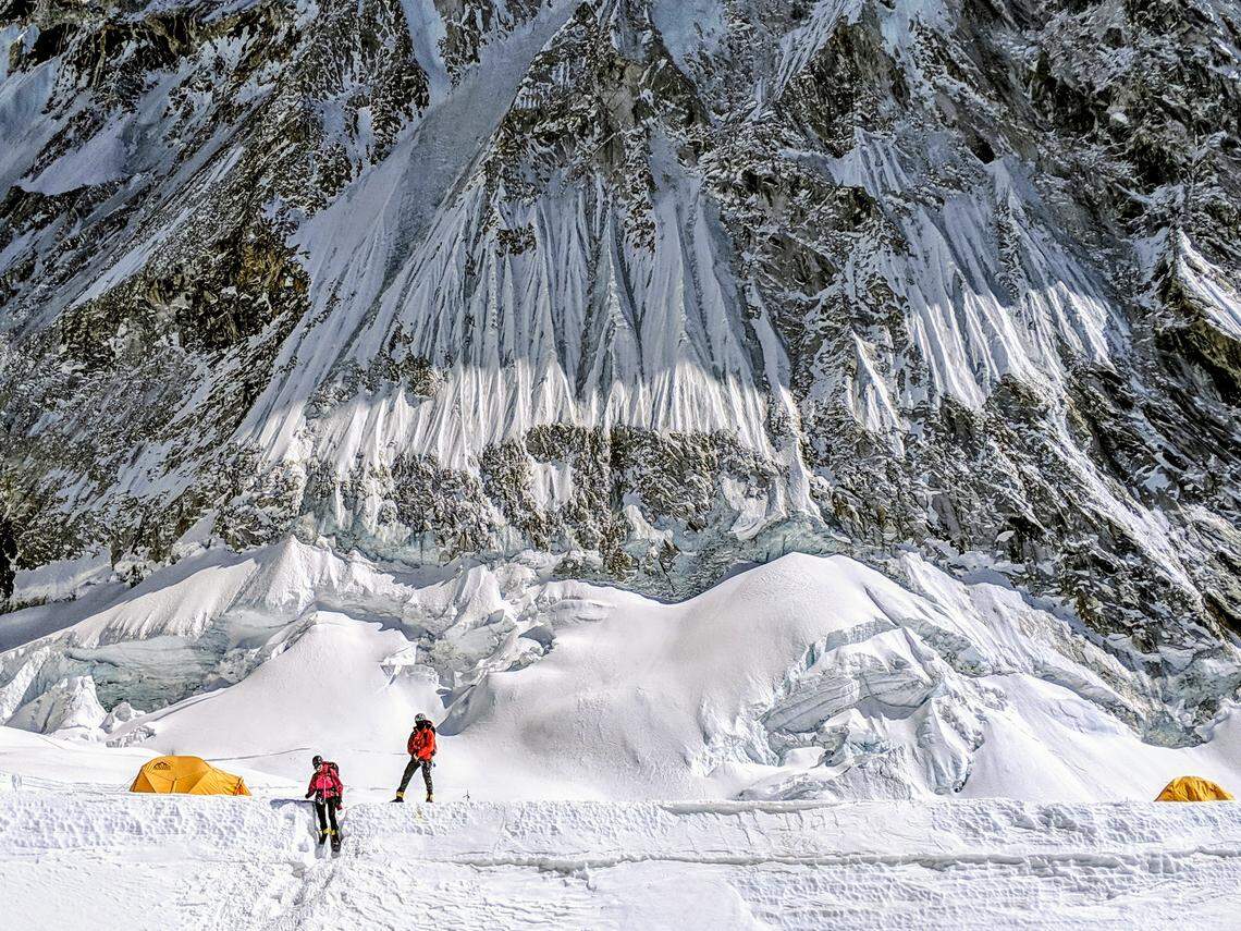 Becker’s partners Daniel Wehrly and Elsa Bleeker in the Western Cwm (not a misspelling; it’s pronounced “koom” and refers to a steep-sided hollow at the head of a valley, or on a mountainside).