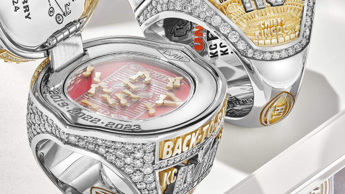 The Chiefs’ Super Bowl LVIII rings open up to reveal the play “Tom & Jerry,” which was the winning call in overtime.